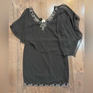 J Kara Black Chiffon Dress with Silver Sequins and Embroidery